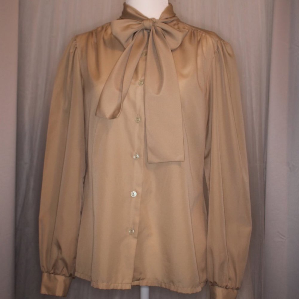 Judy Bond taupe tie blouse